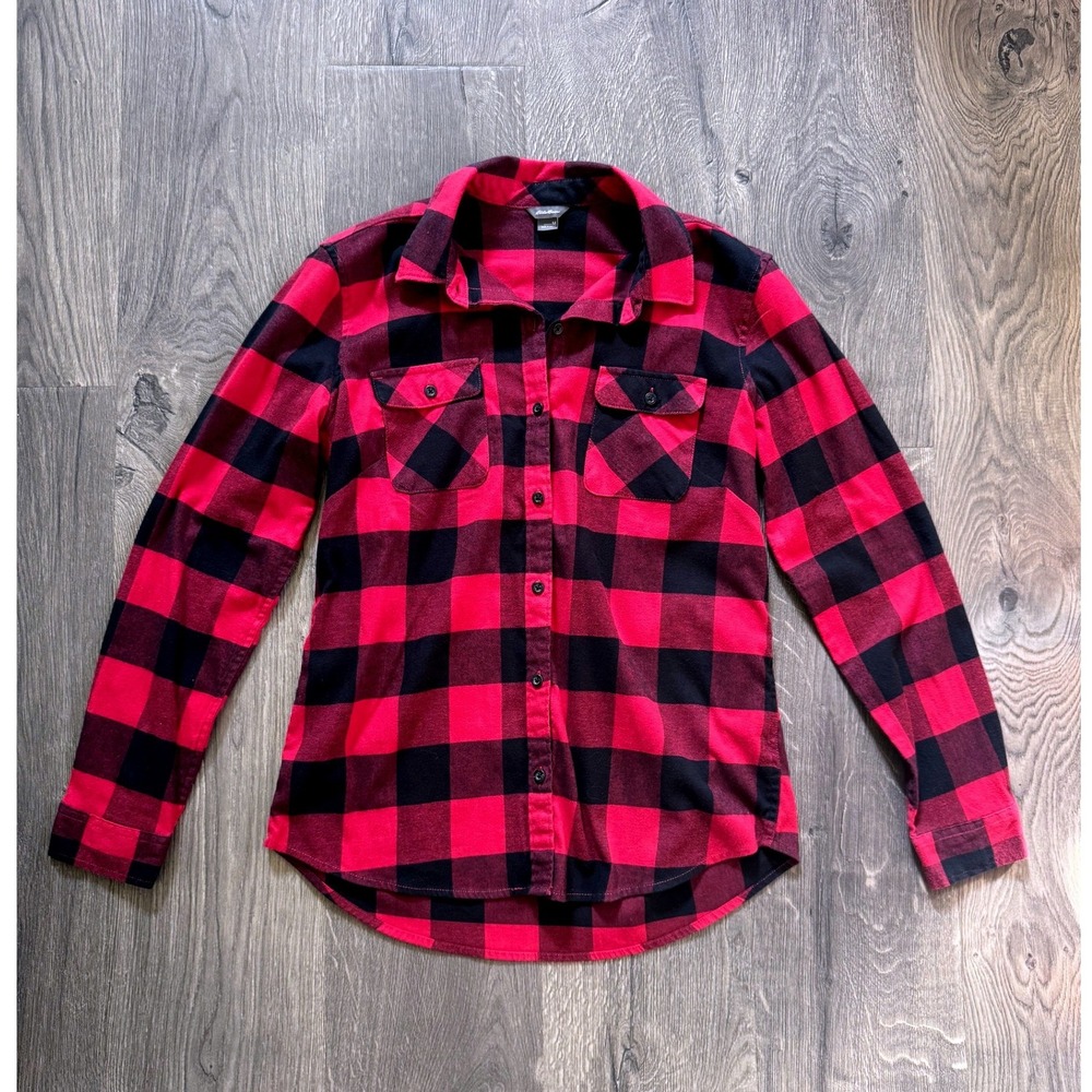 Eddie Bauer Women's Top Shirt Size M Red Black Buffalo Plaid Flannel Excellent